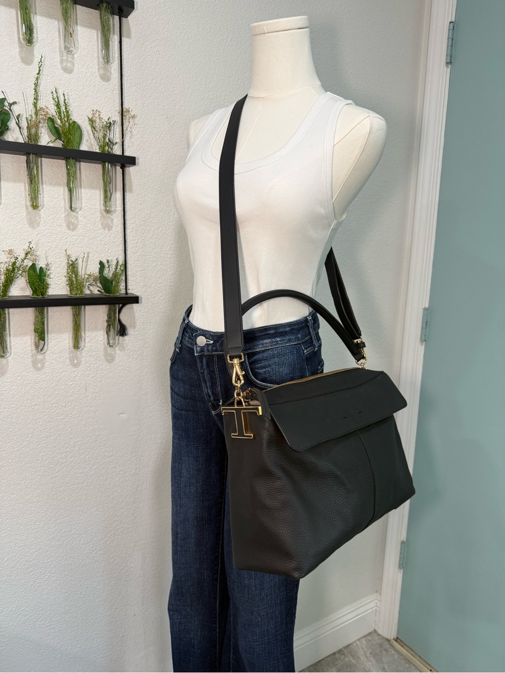 TOD’S Leather Large Satchel Bag in Black with Gold Hardware
